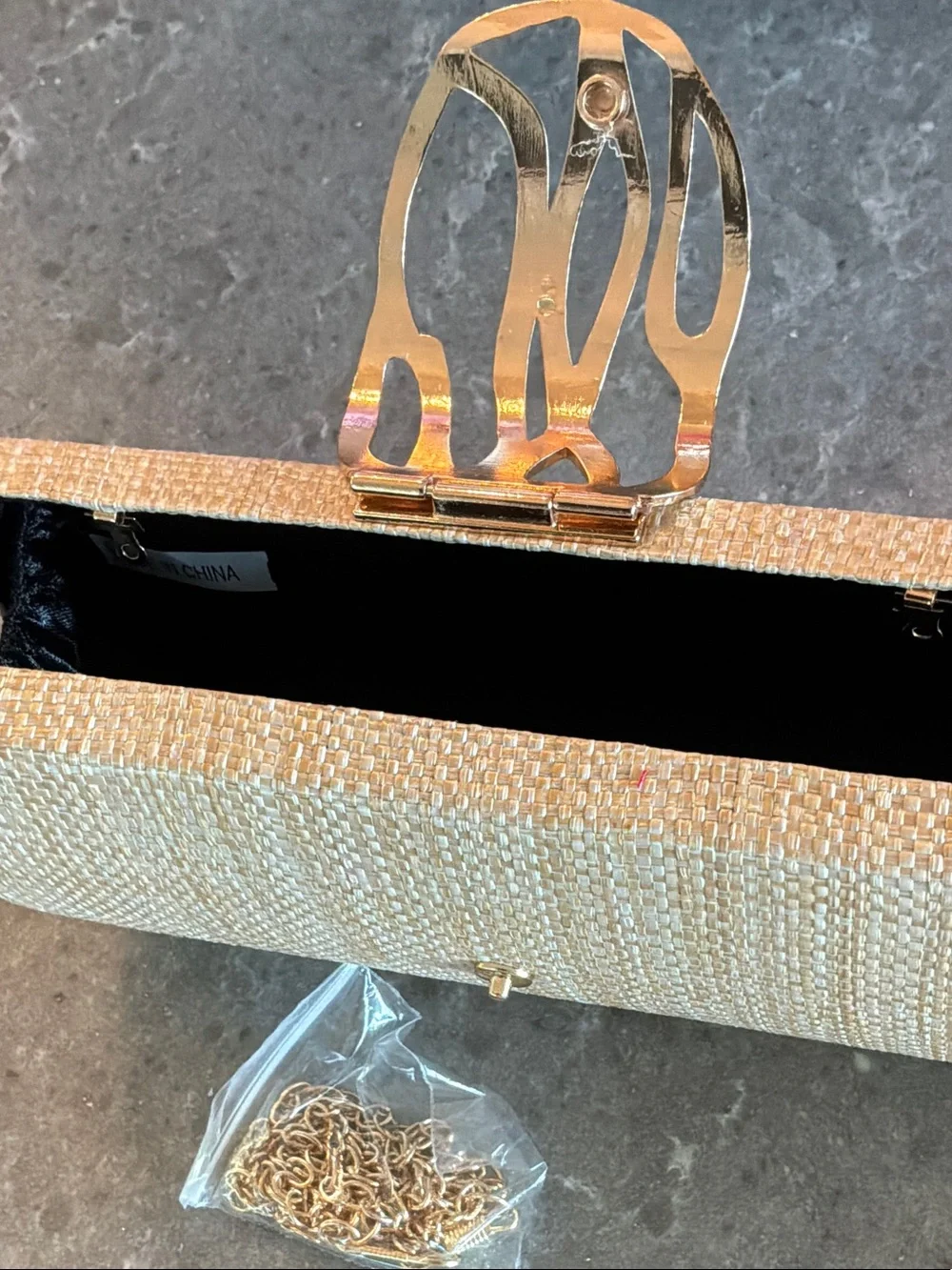 Cream Woven Straw Clutch with Gold Accent